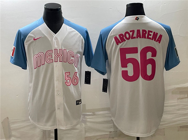 Men's Mexico Baseball #56 Randy Arozarena 2023 White Blue World Baseball Classic Stitched Jersey